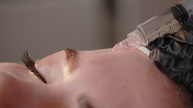 Cosmetic procedure with syringe near woman's face.